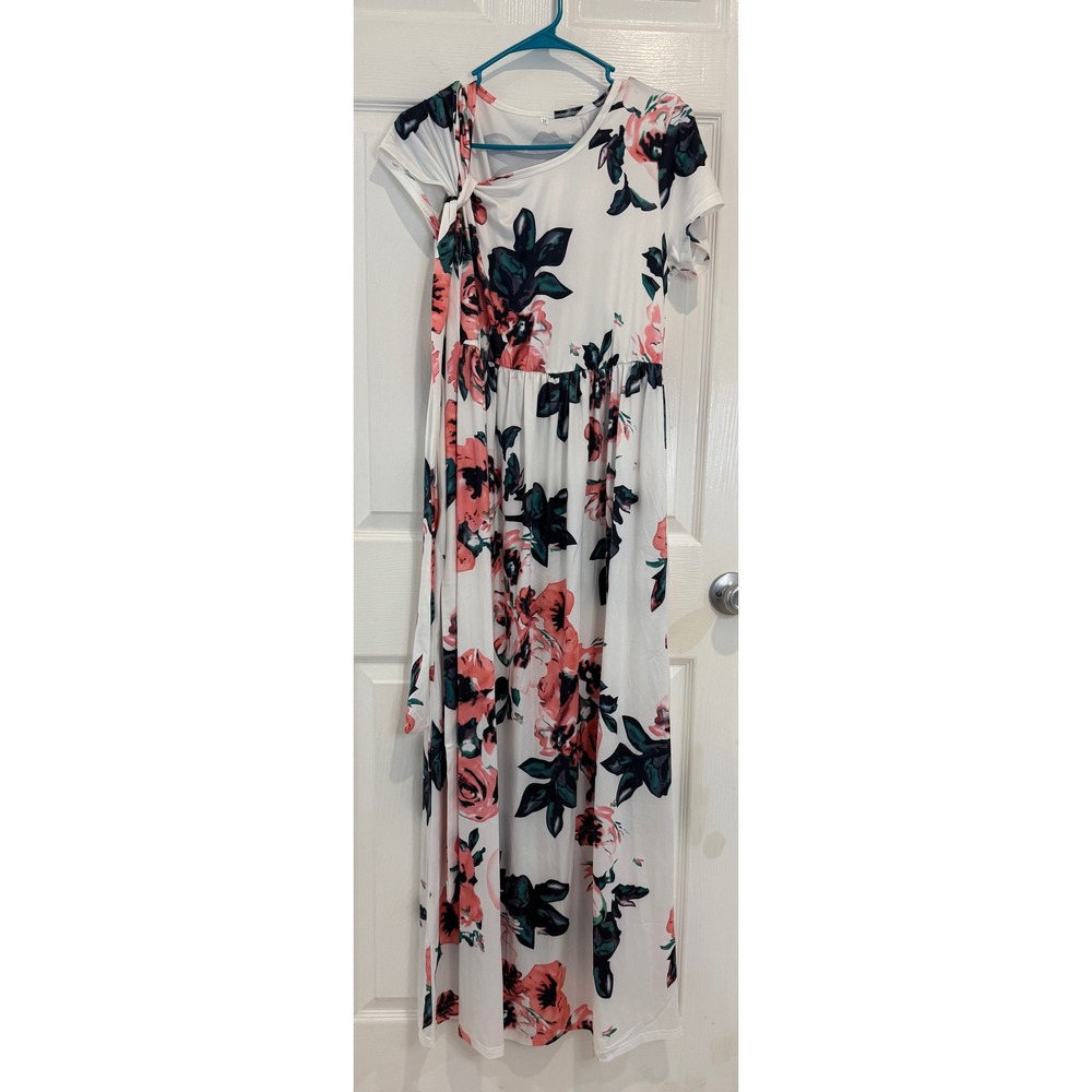 Floral‎ Maxi Dress Knot Sleeve Casual Summer Dress White Pink Size M